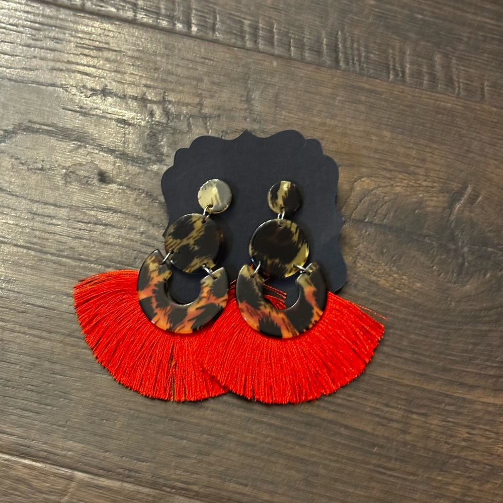 Tortoiseshell and Red Fringe Earrings